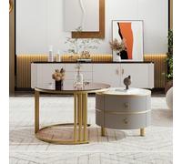Easexcy Tavolino 2 in 1, tavolino con 1 piano di appoggio lucido e 1 piano in vetro temperato marrone, con 2 cassetti, 70 x 70 x 45 cm + 50 x 50 x 40 cm