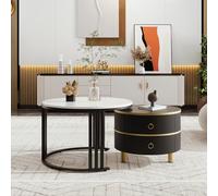 Easexcy Tavolino 2 in 1, tavolino con piano lucido e 1 piano in marmo bianco, combinazione con 2 cassetti, 70 x 70 x 46 cm + 50 x 50 x 40 cm (nero)