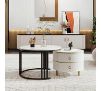 Easexcy Tavolino 2 in 1, tavolino con piano lucido e 1 piano in marmo bianco, tavolino da caffè con 2 cassetti, 70 x 70 x 46 cm + 50 x 50 x 40 cm (Black-1)