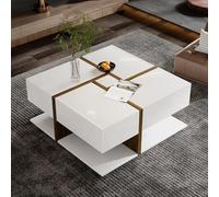 Easexcy Tavolino da caffè lucido, tavolo con 4 cassetti, abbinamento unico dei colori e design delle linee, spazio inferiore 78 x 78 x 34,8 cm (colore bianco e legno)
