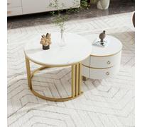 Easexcy Tavolino rotondo in MDF 2 in 1, tavolino con piano lucido e 1 piano in marmo bianco, tavolo da salotto con 2 cassetti, 70 x 70 x 46 + 50 x 50 x 40 cm (oro e bianco)