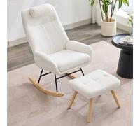 Easexcy Teddy - Sedia a dondolo in velluto, effetto bianco, gambe dell'albero di gomma, telaio in ferro stampato, per soggiorno, camera da letto, con poggiatesta (98 x 54 x 96,5 cm)