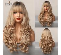 EASIHAIR Ombre Marrone Champagne Biondo Evidenziare Parrucche sintetiche per capelli ondulati lunghi con botto Capelli finti resistenti al calore per le donne LC205-4
