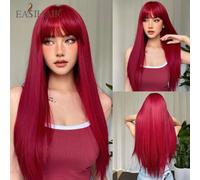 EASIHAIR Parrucche sintetiche lunghe diritte vino rosso con frangia Parrucca per capelli cosplay bordeaux rosso marrone per donna Resistente al calore naturale