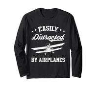 Easily Distracted By Airplanes Vintage Airplane Lover Maglia a Manica