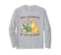 Easily Distracted by Cats And Books Library Librarian Cat Maglia a Manica
