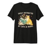 Easily Distracted by Cats And Books Library Librarian Cat Maglietta Premium