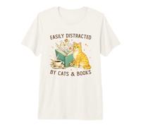Easily Distracted by Cats And Books Library Librarian Cat Maglietta Premium