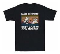 Easily Distracted By Cats And Hockey Cat Playing Ice Hockey Funny Men's T-Shirt Black L