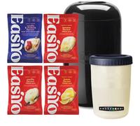 EasiYo Kit Iniziale con Yogurtiera Nera da 1kg | Include 4 Buste: Vaniglia, Limone, Banana e Vaniglia & Rabarbaro | Set Completo per Yogurt Fatto in Casa