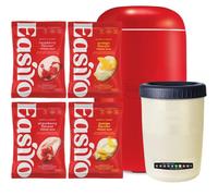 EasiYo Kit Iniziale con Yogurtiera Rossa da 1kg | Include 4 Buste: Fragola, Lampone, Mango e Arancia | Set Completo per Yogurt Fatto in Casa