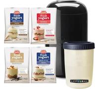 EasiYo Yogurtiera Nera (1 kg) Confezione Starter | Include 4 Bustine di Yogurt G/S Naturale, Fragola, Vaniglia e G/S Cocco con Pezzetti