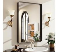 Easly Specchio da bagno nero da 76 x 56 cm, moderno specchio rettangolare nero da parete con angoli arrotondati, specchi da bagno per vanità, specchio con cornice in lega di alluminio da appendere