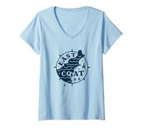 East Coast Nautical Compass Design per Gli Amanti della Spiaggia Maglietta con Collo a V, Donna, Celeste, XL