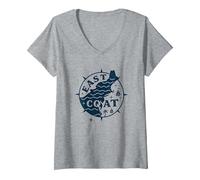 East Coast Nautical Compass Design per Gli Amanti della Spiaggia Maglietta con Collo a V, Donna, Grigio Melange, XXL