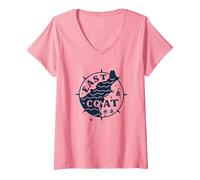 East Coast Nautical Compass Design per Gli Amanti della Spiaggia Maglietta con Collo a V, Donna, Rosa, L