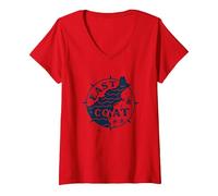 East Coast Nautical Compass Design per Gli Amanti della Spiaggia Maglietta con Collo a V, Donna, Rosso, XL