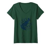 East Coast Nautical Compass Design per Gli Amanti della Spiaggia Maglietta con Collo a V, Donna, Verde Foresta, XL