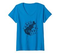 East Coast Nautical Compass Design per Gli Amanti della Spiaggia Maglietta con Collo a V, Donna, Zaffiro, XL