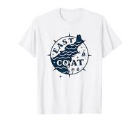 East Coast Nautical Compass Design per Gli Amanti della Spiaggia Maglietta, Uomo, Bianco, S