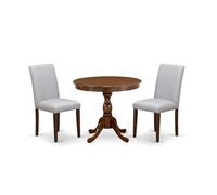 East West Furniture AMAB3-AWA-05 - Set da 3 pezzi di tavolo da cucina per piccoli spazi, contiene un tavolo rotondo per sala da pranzo con piedistallo e 2 sedie Parsons in tessuto di lino grigio, 91 x