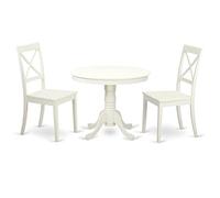 East West Furniture ANBO3-LWH-W - Set da 3 pezzi con un tavolo rotondo e due sedie da cucina in legno massello con una ricca finitura in lino bianco