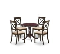 East West Furniture ANBO5-CAP-C - Set di 5 tavoli da cucina per 4 persone, include un tavolo rotondo per sala da pranzo con piedistallo e 4 sedie da pranzo imbottite in tessuto di lino, 91 x 91 cm