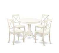 East West Furniture ANBO5-LWH-LC - Set da 5 pezzi con tavolo da pranzo rotondo con piedistallo e 4 sedie in finta pelle, 91 x 91 cm, colore: bianco lino