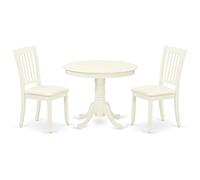 East West Furniture ANDA3-LWH-C - Set da 3 pezzi con tavolo da cucina e sedie, composto da un tavolo rotondo per sala da pranzo con piedistallo e 2 sedie imbottite in tessuto di lino, 91 x 91 cm