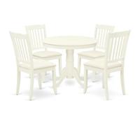 East West Furniture ANDA5-LWH-C - Set da 5 pezzi con tavolo da pranzo rotondo con piedistallo e 4 sedie da pranzo in tessuto di lino, 91 x 91 cm, bianco lino