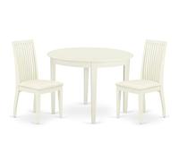 East West Furniture BOIP3-WHI-C - Set di 3 tavoli da cucina per piccoli spazi, composto da un tavolo rotondo per sala da pranzo e 2 sedie da pranzo imbottite in tessuto di lino, 106 x 107 cm, bianco