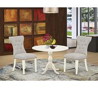East West Furniture DMGA3-LWH-35 - Set dinette per piccoli spazi, 3 pezzi, contiene un tavolo da pranzo rotondo con piega e 2 sedie da pranzo Parsons in tessuto di lino Doeskin, 106 x 106 cm, bianco