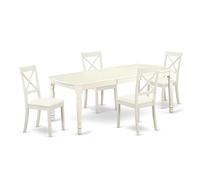 East West Furniture DOBO5-LWH-LC - Set dinette per 4 persone, con tavolo da pranzo rettangolare con foglia di farfalla e 4 sedie per sala da pranzo in ecopelle, 106 x 198 cm, colore: bianco lino