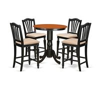 East West Furniture EDCH5-BLK-C - Tavolo da pranzo con altezza bancone, 5 pezzi, include un tavolo rotondo da cucina con piedistallo e 4 sedie in tessuto di lino, 76 x 76 cm, colore: nero e ciliegia