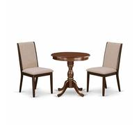 East West Furniture Eden - Set da cucina composto da un tavolo rotondo da pranzo con piedistallo e 2 sedie Parsons in tessuto di lino marrone chiaro, 76 x 76 cm, mogano