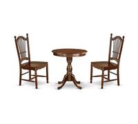East West Furniture ESDO3-MAH-W - Set di 3 pezzi con tavolo da pranzo rotondo per piccoli spazi, composto da un tavolo rotondo per sala da pranzo con piedistallo e 2 sedie in legno, 76 x 76 cm, mogano