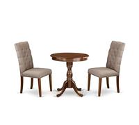 East West Furniture ESEL3-MAH-16 - Set dinette per piccoli spazi, composto da tavolo rotondo con piedistallo e 2 sedie da pranzo Parson in tessuto di lino color cachi scuro, 76 x 76 cm, mogano