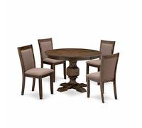 East West Furniture F3MZ5-748 - Set da 5 pezzi composto da tavolo rotondo da cucina con piedistallo e 4 sedie da pranzo in tessuto di lino color caffè, 121 x 122 cm, stile giacobino invecchiato