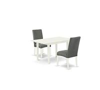East West Furniture NODR3-LWH-07 - Set da 3 pezzi composto da un tavolo rettangolare da pranzo con foglia di farfalla e 2 sedie Parsons in tessuto di lino grigio, 81 x 137 cm, bianco lino