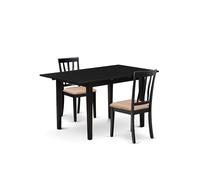 East West Furniture Norfolk - Set da 3 pezzi composto da un tavolo rettangolare per sala da pranzo con foglia di farfalla e 2 sedie imbottite in tessuto di lino, 81 x 137 cm, nero