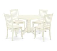 East West Furniture SHDA5-WHI-C - Set da 5 pezzi con tavolo rotondo da cucina con piedistallo e 4 sedie da pranzo in tessuto di lino, 106 x 107 cm, colore: bianco lino