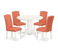 East West Furniture SHEN5-LWH-78 - Set di mobili per sala da pranzo, 5 pezzi, include un tavolo da cucina rotondo con piedistallo e 4 sedie da pranzo in ecopelle rosa con fenicottero, 106 x 106 cm