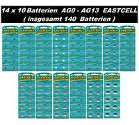 EASTCELL AG, pile a bottone (140 pezzi) - 14 blister da 10 batterie - tutte le misure da AG0 a AG13 - tipi LR521 a LR44 - Set di batterie alcaline da 1,5 V per orologi, giocattoli ed elettronica