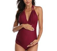 EastElegant Costumi da Bagno Premaman Un Pezzo V-Collo Gravidanza Costumi da Bagno Halter Bikini Premaman, Vino Rosso, L