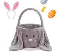 Easter Bunny Basket for Kids, Personalized Soft Fabric Egg Hunt Basket, Cute Fluffy Rabbit Tote with Plush Ears for Boys & Girls, Large Easter Baskets for Candy & Gifts (Grey)