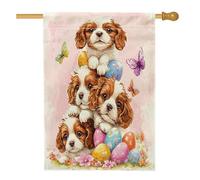 Easter Cavalier King Charles Spaniel Front Yard Backyard Linen Vertical House Flags 28x40 Double Face for Outside, Funny Cute Eggs Home Print Flag, Dog Home Outdoor Pattern Flags