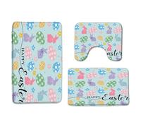 Easter Cute Bunny Rabbits Egg Bow Flower Spring Colorful Flower Holiday Happy Easter Blue Copriwater Set 3 Pezzi, Tappeto Con Profilo A U Antipolvere Zerbino Per Servizi Igienici La Casa