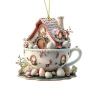 Easter Egg Ornaments - Coffee Cup House Pendant, 2D Acrylic Flat Hangable Decor for Tree, Festive Easter Decoration with Colorful Design, Holiday Ornament, Decorative Easters Egg for Nightstand