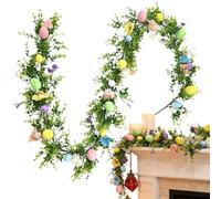 Easter Garland, Spring Decor, Artificial Egg Garland with Green Leaves, Long 1.8m Faux Flower Vine for Party Holiday Table Mantle Wall Door Indoor Outdoor Garden Patio Porch