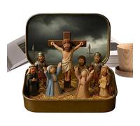 Easter Jesus Figurine - Small Tin Box Decor, Funny Religious Desk Accent, Suffering Cross Scene, Compact Display Size | Religious Decor For Home Bedroom Table Shelf School Office Farmhouse Holiday Par